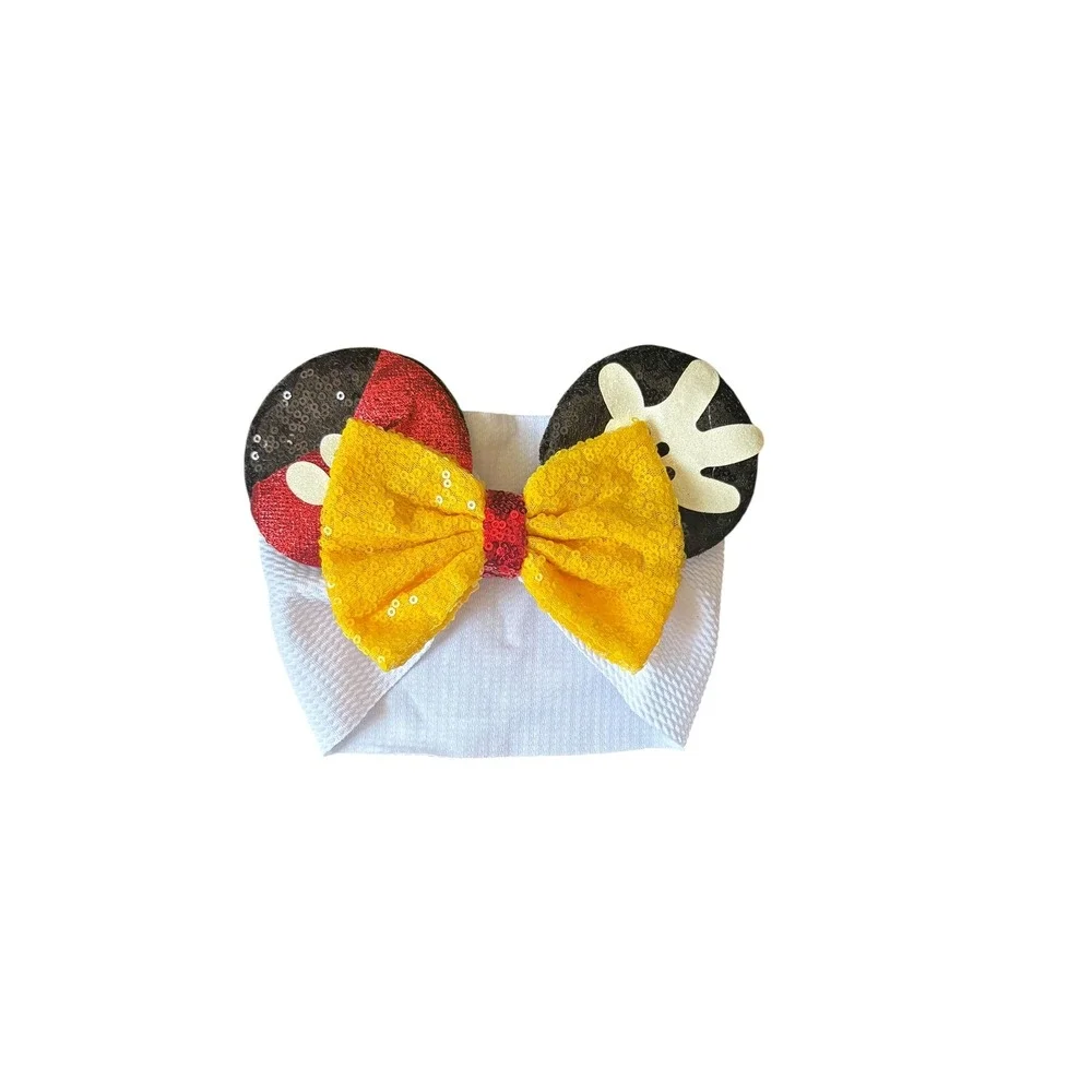 Baby Mickey Inspired Head Wrap Bow White Nylon Headband Yellow Sequin Ears